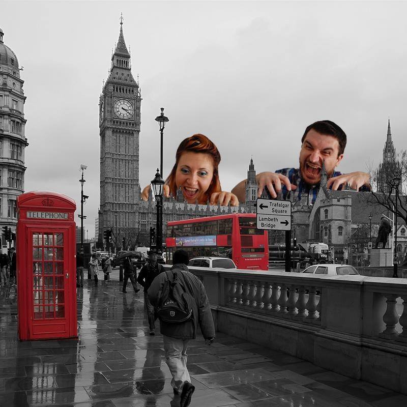 Matteo Greco and wife in a photoshopped image where they terrorize London Godzilla style